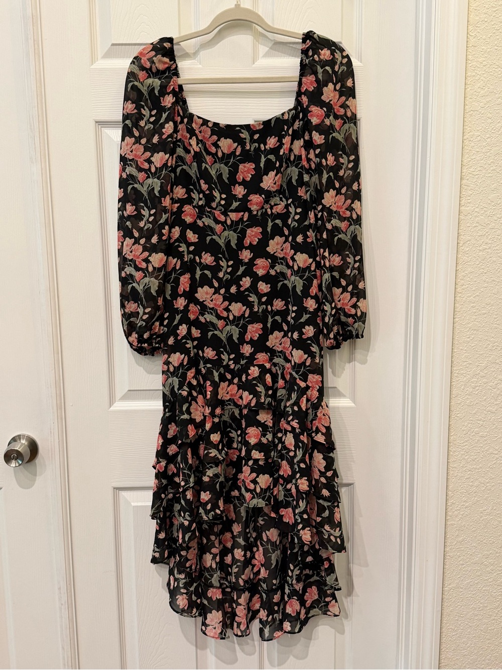 Lush XS Black Floral High Low Ruffle Dress Square Neck Puff Sleeve